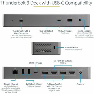 StarTech.com USB Type C, Thunderbolt 3 Docking Station for Monitor/Notebook/Workstation - 96 W - USB Type-C - Network (RJ-