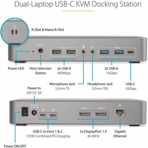 StarTech.com Dual-Laptop USB-C KVM Docking Station, Dual Monitor 4K 60Hz DisplayPort KVM Dock, 5x USB Hub, GbE, 90W/45W PD