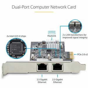 StarTech.com 2-Port 2.5G NBASE-T PCIe Network Card, Computer Network Card Interface, Intel® I225-V, Dual-Port Ethernet, Mu