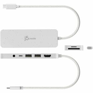 j5create USB Tipo C Estação de ancoragem - Leitor de cartão de memória - SD, microSD - Branco - USB tipo A - USB Tipo C - 
