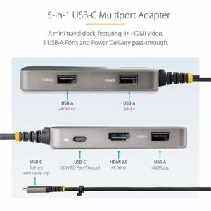 StarTech.com USB Type C Docking Station for Tablet, Monitor, Notebook - 100 W - Space Gray - Portable - 1 Displays Support