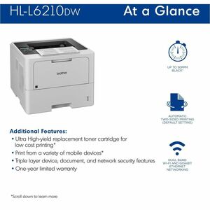 Brother HL-L6210DW Business Monochrome Laser Printer with Large Paper Capacity, Wireless Networking, and Duplex Printing -