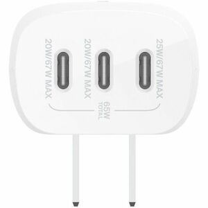 Belkin 67W Portable 3-Port USB-C Wall Charger - 3xUSB-C (67W Total) - Fast Charging - Power Adapter - White - 67 W - White