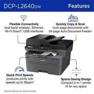 Brother DCP-L2640DW Wireless Laser Multifunction Printer - Monochrome - Gray - Copier/Printer/Scanner - 23.6 ppm Mono Prin