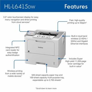 Brother HL-L6415DW Desktop Wireless Laser Printer - Monochrome - 52 ppm Mono - 1200 x 1200 dpi Print - Automatic Duplex Pr