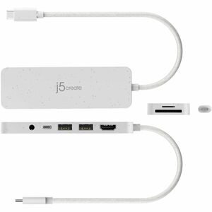 j5create USB-Typ C Docking Station - Speicherkartenleser - SD, microSD - Weiß - USB Typ-A - USB Typ C - HDMI - Kabelgebund