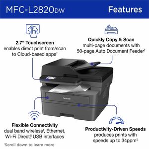Brother MFC-L2820DW Wireless Laser Multifunction Printer - Monochrome - Grey - Copier/Fax/Printer/Scanner - 34 ppm Mono/7.
