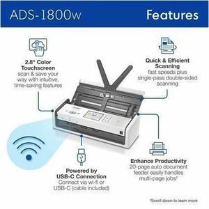 Brother ADS-1800W Sheetfed Scanner - 600 dpi Optical - 48-bit Color - 8-bit Grayscale - 30 ppm (Mono) - 30 ppm (Color) - C