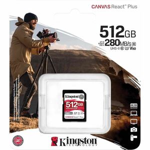 Kingston Canvas React Plus 512 GB Class 10/UHS-II (U3) V60 SDXC - 280 MB/s Read - 150 MB/s Write