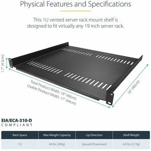 StarTech.com 1U Rack-mountable Rack Shelf for Rack, Networking - Black - SPCC, Steel - 19.96 kg Maximum Weight Capacity