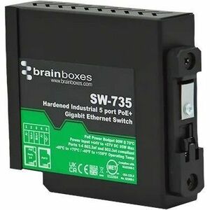 Brainboxes Hardened Industrial 5 Port PoE+ Gigabit Ethernet Switch - 5 Ports - Gigabit Ethernet - 10/100/1000Base-T - 2 La