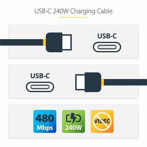 StarTech.com Câble de Recharge USB-C de 2m, Cordon USB-C Certifié USB-IF, 240W PD EPR, Câble de Transfert de Données USB-C