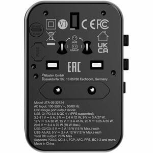 Verbatim UTA-09 Gan III Universal Travel Adapter 70W - USB-C, USB-A - 70 W - 120 V AC, 230 V AC Input