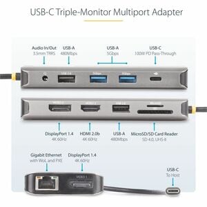 StarTech.com USB-C Triple-Monitor Multiport Adapter, Dual 4K 60Hz + 4K 30Hz HDMI & DP, 4x USB-A, 100W PD Pass-Through, GbE