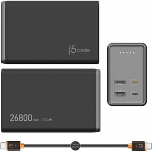 j5create JPB264100 Power Bank - Preto - Para Notebook, PC Tablet, Dispositivo móvel, Smartphone, Consola de jogos, MacBook