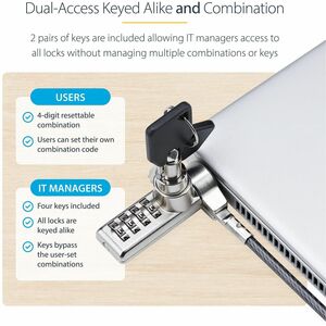 StarTech.com 10-Pack Doppelzugriff Laptopschloss, 2m Kabelschloss mit Schlüssel und Zahlenschloss, K-Slot Kombinations-/Si