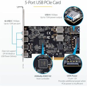 StarTech.com Carte PCIe USB à 5 Ports, USB 3.2 10Gbps, Carte PCI Express avec 4x USB-C et 1x USB-A interne, Carte Contrôle