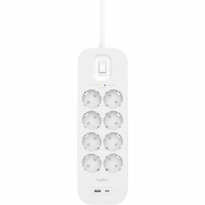 Belkin Connect Surge Suppressor/Protector - White - 1 x USB Type A, 1 x USB Type C, 8 x AC Power - 900 J - 2 m - Wall Moun