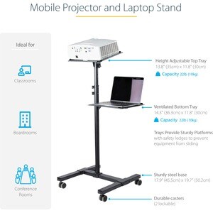 StarTech.com Projector Trolley - 2 Shelf - 20 kg Capacity - 4 Casters - Steel - 502.9 mm Length x 454.7 mm Width x 1463 mm