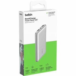 Belkin BoostCharge Power Bank - Silver - For iPhone - 2 x Type-A 15W, 1 x Type-C 15W - 10000 mAh - 3 x USB - Silver