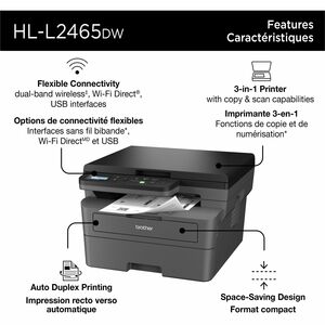 Brother HL-L2465DW Wired & Wireless Laser Multifunction Printer - Monochrome - Copier/Printer/Scanner - 30 ppm Mono Print 