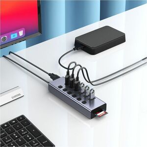4XEM 8-in-1 Multi Port Power USB Hub - USB Type A - 13 MB/s, 640 MB/s - Keyboard, Mouse, Hard Drive, Card Reader - Portabl
