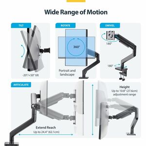 StarTech.com Monitor Desk Mount for up to 49in 32:9 Ultrawide Curved Screen, Mechanical Spring Arm, C-Clamp/Grommet, Max W