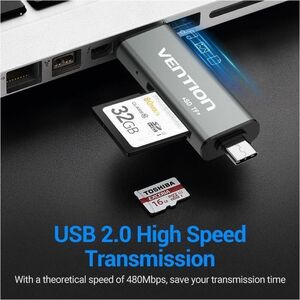 Vention CCJH0 2 Slot(s) Flash Drive/Flash Card Reader - USB 2.0, Micro USB, USB Type C - 1 / Pack - 256 GB Flash Drive - 6