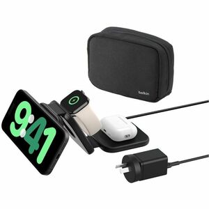 Belkin BoostCharge Pro 3-in-1 Magnetic Wireless Charging Travel Pad with Qi2 15W - For Qi2-enabled Device, iPhone - Input 