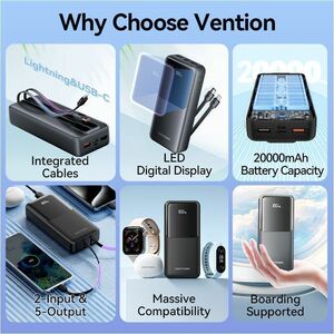 Vention FHP Power Bank - Black - For Smartphone, iPhone - 20000 mAh - 22.50 W - 3 A, 2.22 A, 1.67 A, 2 A, 2.25 A, 1.50 A, 