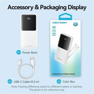 Vention FHO Power Bank - White - For Smartphone, iPhone - 10000 mAh - 22.50 W - 3 A, 2.22 A, 1.67 A, 2 A, 2.25 A, 1.50 A, 