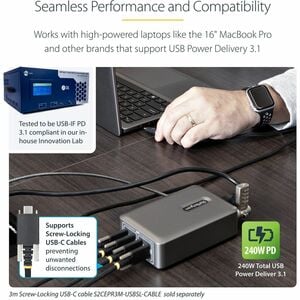 StarTech.com 4-Port Multi-Device USB-C Charger, 240W Total, Single Port 140W EPR, Screw Locking Ports, Ideal for Boardroom