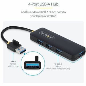 StarTech.com USB Hub - USB Type A - 640 MB/s - Mouse, Keyboard, Flash Drive - Portable - Black - UASP Support - 4 Total US