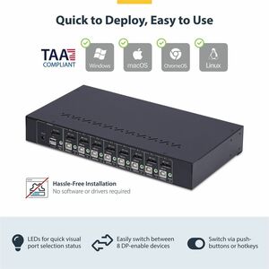 StarTech.com 8-Port DisplayPort KVM Switch with 1U Rack Mount Kit, 4K 60Hz DP 1.2, Push-Button & Hotkey Switching, TAA Com