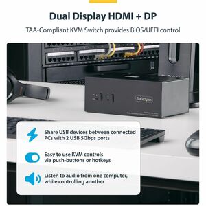 StarTech 2-Port Dual-Monitor DisplayPort and HDMI KVM Switch, 4K 60Hz, 2-Port USB 5Gbps Hub, 2x USB HID Ports, Hotkeys, TA