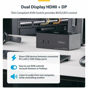 StarTech.com KVM Switchbox - TAA Compliant - 2 Computer(s) - 4K - 3840 x 2160 - 6 x USB - 3 x HDMI - 3 x DisplayPort