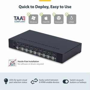 StarTech.com KVM Switchbox - TAA Compliant - 4K - 3840 x 2160 - 12 x USB - USB 2.0 - 9 x HDMI - 1U - Rack-mountable