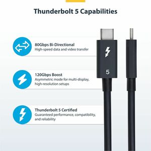 StarTech.com 1m Thunderbolt 5 Kabel, 80Gbps, 120Gbps, 240W PD, 8K 60Hz, Thunderbolt-zertifiziertes Kabel, TB4, USB4, USB-C
