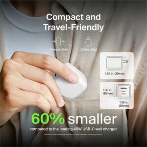 Belkin 45W Portable USB-C Wall Charger - 1xUSB-C (45W) - Fast Charge - Power Adapter - White - 45 W - White