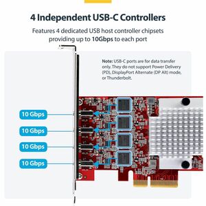 StarTech.com Carte PCIe USB-C 4 Ports, USB 3.2 10 Gbps, Carte d'Extension PCI Express USB-C, 4 Contrôleurs USB Indépendant