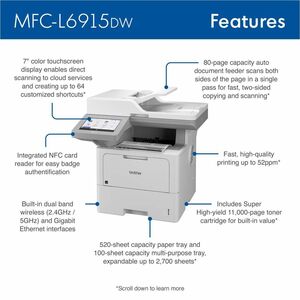 Impresora Láser Multifunción Brother MFC-L6915DW Inalámbrico - Monocromo - Copiadora/Fax/Impresora/Escáner - 52 ppm de imp