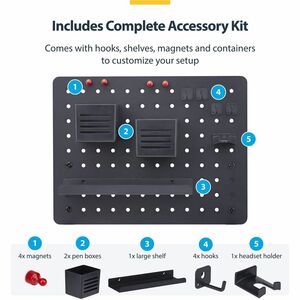 StarTech Clamp-On Pegboard with Accessories, 16.5x12.5in, Steel Peg Board, Desktop Storage Organizer, Black - Streamline a
