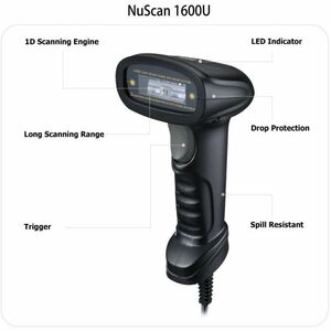 Adesso NuScan 1600U Healthcare, Warehouse Handheld Barcode Scanner - Cable Connectivity - 300 scan/s - 406.40 mm Scan Dist