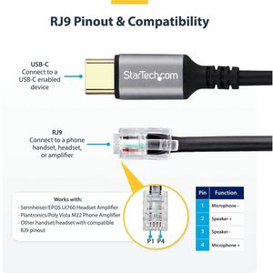 StarTech.com USB-C auf RJ9 Adapter für Bürotelefone oder Kabel/Drahtlose Headsets, für Festnetz und VoIP Geräte, 1,8m Kabe