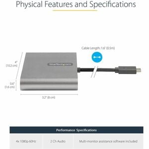 StarTech.com Video Adapter - 1 Each - TAA Compliant - 1 x 24-pin Type C USB 3.0 USB Male - 4 x HDMI Digital Audio/Video Fe
