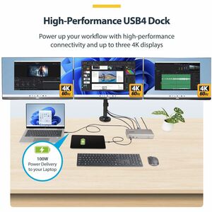 StarTech.com USB-C-Dockingstation(USB4), 3x 4K60Hz-Monitore DP oder HDMI, 100W Laptop-Ladung, 2,5GbE, Notebook Dock, TB4, 
