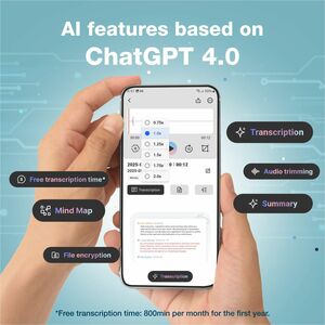 Turonic L813 AI Voice Recorder with AI Technology - 128GB, USB-C, Dual Mics, Noise Canceling, Transcription, File Security