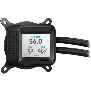 ASUS Prime LC ARGB LCD all-in-one CPU liquid cooler with sharp screen showcasing CPU & GPU information with different back