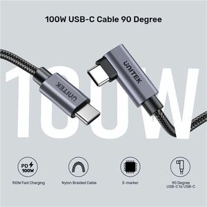 2M 90 deg L-Shape USB-C Male to Male PD 100W Charging Cable Black UNITEK Gift Box