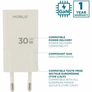 Adaptateur secteur MOBILIS Energia - 30 W - Adaptateur universel - 2 USB Type-C - Pour Smartphone, Tablette PC - Europe - 